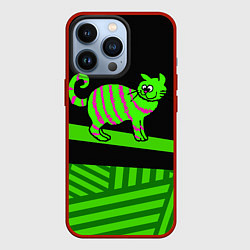 Чехол для iPhone 13 Pro Зеленый полосатый кот, цвет: 3D-красный