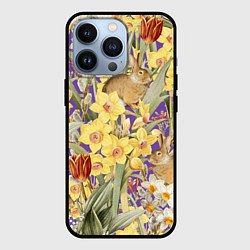 Чехол для iPhone 13 Pro Цветы Нарциссы и Зайцы, цвет: 3D-черный