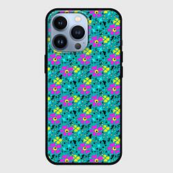 Чехол для iPhone 13 Pro Яркий цветочный узор на бирюзовом фоне, цвет: 3D-черный