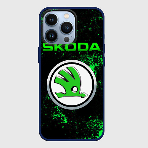 Чехол iPhone 13 Pro SKODA - ЗЕЛЕНЫЕ БРЫЗГИ / 3D-Тёмно-синий – фото 1