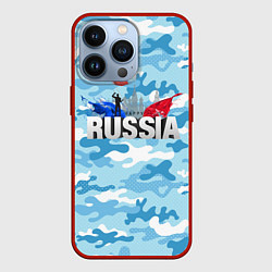 Чехол для iPhone 13 Pro Russia: синий камфуляж, цвет: 3D-красный