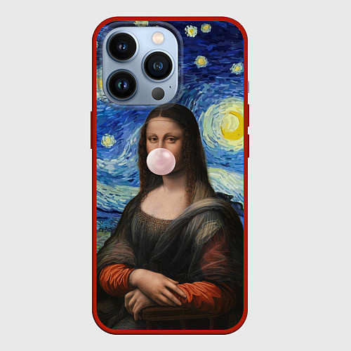 Чехол iPhone 13 Pro Мона Лиза Приколы - Звездная ночь / 3D-Красный – фото 1