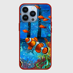 Чехол для iPhone 13 Pro Затонувший корабль в окружении обитателей океана, цвет: 3D-красный