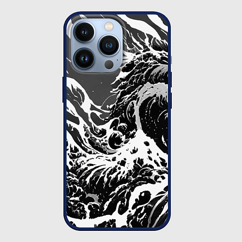 Чехол iPhone 13 Pro Черно-белые волны / 3D-Тёмно-синий – фото 1