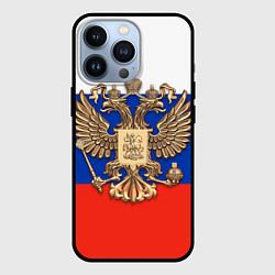 Чехол для iPhone 13 Pro Герб России на фоне флага, цвет: 3D-черный