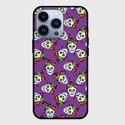 Чехол для iPhone 13 Pro Сахарные черепа на фиолетовом паттерн, цвет: 3D-черный