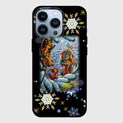 Чехол для iPhone 13 Pro Новый год белка с бельчатами, цвет: 3D-черный
