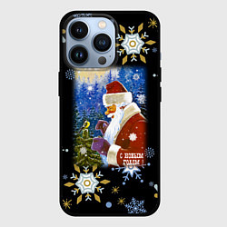 Чехол для iPhone 13 Pro Новый год дед мороз и птичка, цвет: 3D-черный
