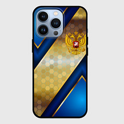 Чехол для iPhone 13 Pro Золотой герб России на синем объемном фоне, цвет: 3D-черный