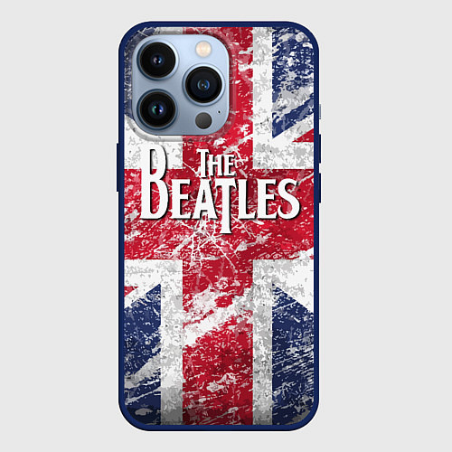 Чехол iPhone 13 Pro The Beatles - лого на фоне флага Великобритании / 3D-Тёмно-синий – фото 1