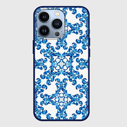 Чехол для iPhone 13 Pro Гжель рисунок цветы, цвет: 3D-тёмно-синий