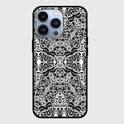 Чехол для iPhone 13 Pro Черно-белый ажурный кружевной узор, цвет: 3D-черный