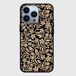 Чехол для iPhone 13 Pro Золотые узоры - цветы, цвет: 3D-черный