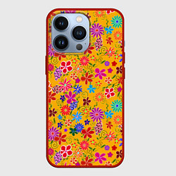 Чехол для iPhone 13 Pro Нарисованные цветы - орнамент, цвет: 3D-красный