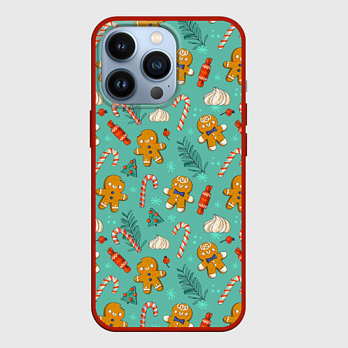Чехол iPhone 13 Pro Новогодний паттерн с печеньем и конфетами / 3D-Красный – фото 1