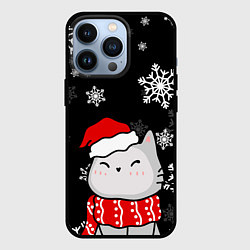 Чехол для iPhone 13 Pro Котик в новогодней шапочке - снежинки, цвет: 3D-черный