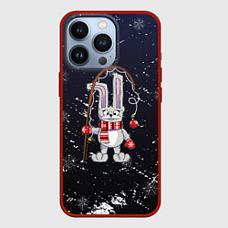 Чехол для iPhone 13 Pro Новогодний заяц с удочкой, цвет: 3D-красный