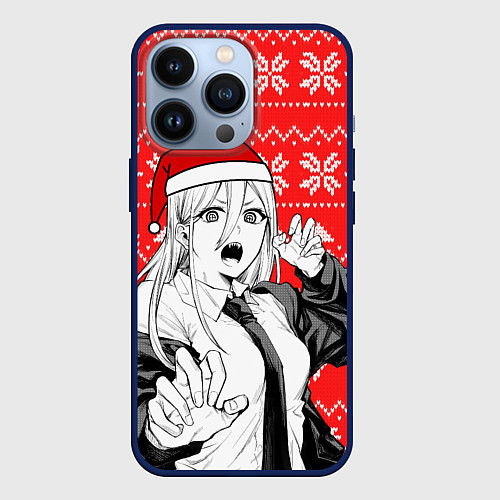 Чехол iPhone 13 Pro Новогодняя Пауэр: Человек-бензопила / 3D-Тёмно-синий – фото 1