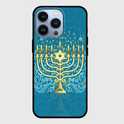 Чехол для iPhone 13 Pro Золотая менора с синим цветочным орнаментом, цвет: 3D-черный