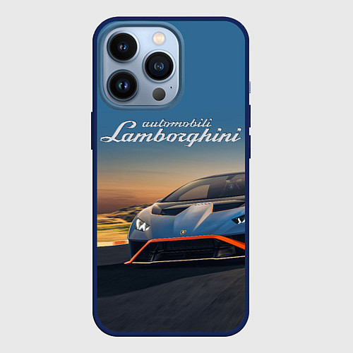 Чехол iPhone 13 Pro Lamborghini Huracan STO - car racing / 3D-Тёмно-синий – фото 1