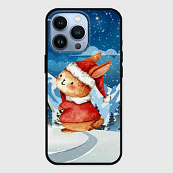 Чехол для iPhone 13 Pro Новогодний заяц снежный фон, цвет: 3D-черный