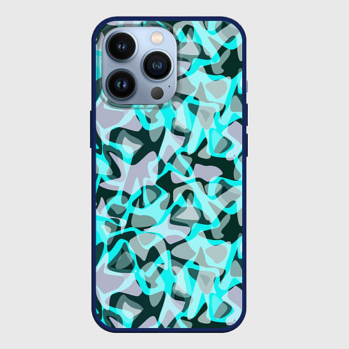 Чехол iPhone 13 Pro Пятнистый абстрактный узор серый с бирюзовыми лини / 3D-Тёмно-синий – фото 1