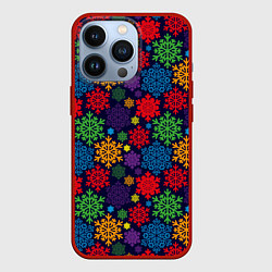 Чехол для iPhone 13 Pro Снежинки разноцветные, цвет: 3D-красный