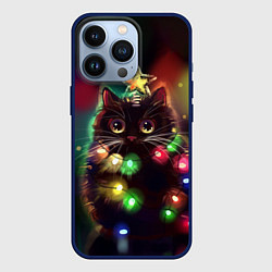 Чехол для iPhone 13 Pro Новогодний котик с гирляндой, цвет: 3D-тёмно-синий