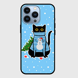 Чехол для iPhone 13 Pro Котик в свитере под снегопадом - синий, цвет: 3D-черный