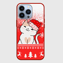 Чехол для iPhone 13 Pro Новогодний милый котик, цвет: 3D-красный