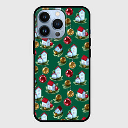 Чехол для iPhone 13 Pro Новогодние домики на зеленом - паттерн, цвет: 3D-черный