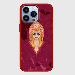 Чехол для iPhone 13 Pro Девушка в красном кокошнике с золотыми украшениями, цвет: 3D-красный