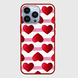Чехол для iPhone 13 Pro Сердечки и полоски - паттерн на день святого вален, цвет: 3D-красный