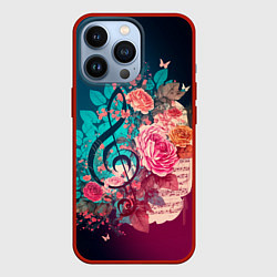Чехол для iPhone 13 Pro Цветы и музыкальная нота, цвет: 3D-красный