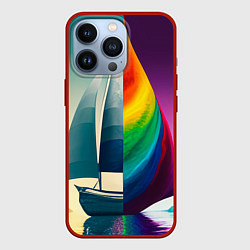Чехол для iPhone 13 Pro Два мира пересекаются: корабль и радужное полотно, цвет: 3D-красный