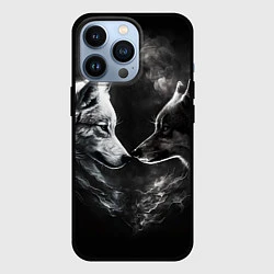 Чехол для iPhone 13 Pro Пара волков - белый и черный, цвет: 3D-черный