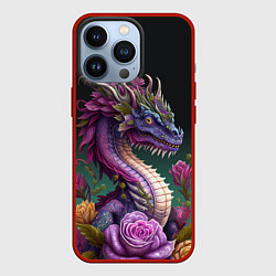 Чехол для iPhone 13 Pro Неоновый дракон с цветами, цвет: 3D-красный