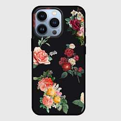 Чехол для iPhone 13 Pro Букеты цветов на черном фоне, цвет: 3D-черный