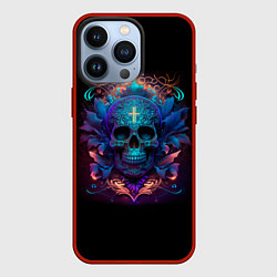 Чехол для iPhone 13 Pro Мексиканский неоновый череп с крестом, цвет: 3D-красный