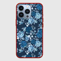 Чехол для iPhone 13 Pro Голубые розы паттерн, цвет: 3D-красный