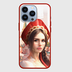 Чехол для iPhone 13 Pro Девушка в кокошнике с косой - кремль, цвет: 3D-красный