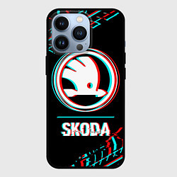 Чехол для iPhone 13 Pro Значок Skoda в стиле glitch на темном фоне, цвет: 3D-черный