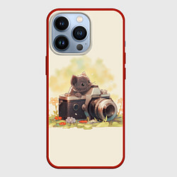 Чехол для iPhone 13 Pro Серый котенок с фотоаппаратом, цвет: 3D-красный