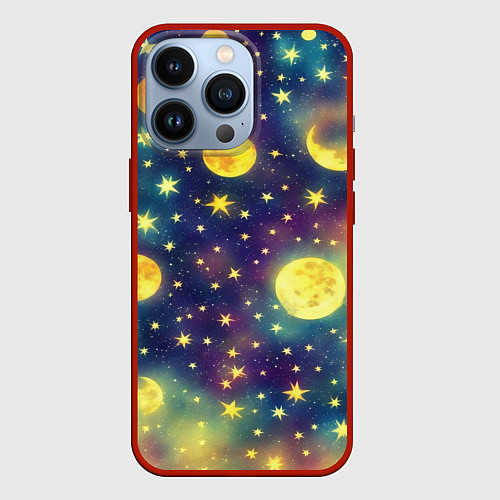 Чехол iPhone 13 Pro Космос, Луна и Солнце / 3D-Красный – фото 1