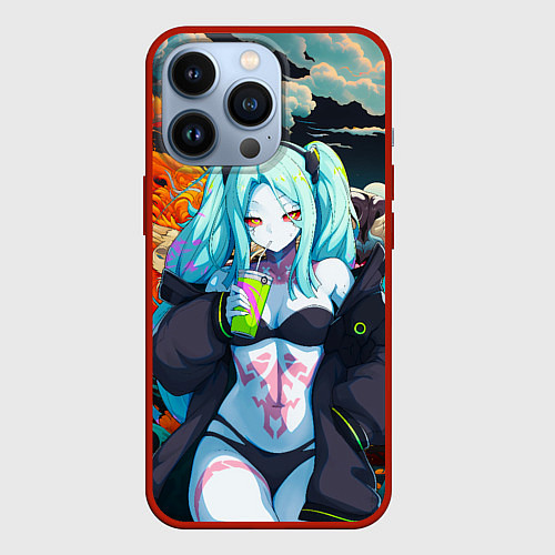 Чехол iPhone 13 Pro Ребекка и дракон - Киберпанк аниме / 3D-Красный – фото 1