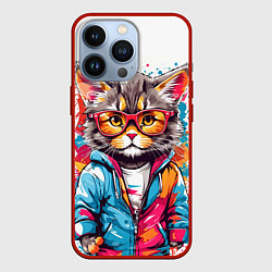 Чехол iPhone 13 Pro Котик в очках - брызги красок