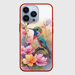 Чехол для iPhone 13 Pro Колибри и цветы - акварель, цвет: 3D-красный