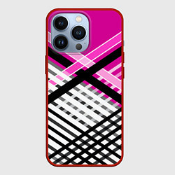 Чехол для iPhone 13 Pro Черно-белые косые переплетенные полосы на малиново, цвет: 3D-красный