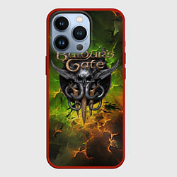 Чехол для iPhone 13 Pro Baldurs Gate 3 logo dark green fire, цвет: 3D-красный