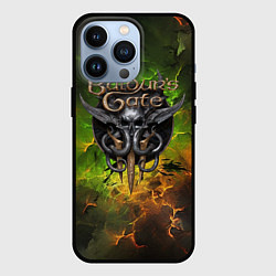 Чехол для iPhone 13 Pro Baldurs Gate 3 logo dark green fire, цвет: 3D-черный